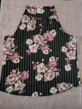 Floral Pinstripe Halter Blouse with Gold Chain Detail - Black & Pink